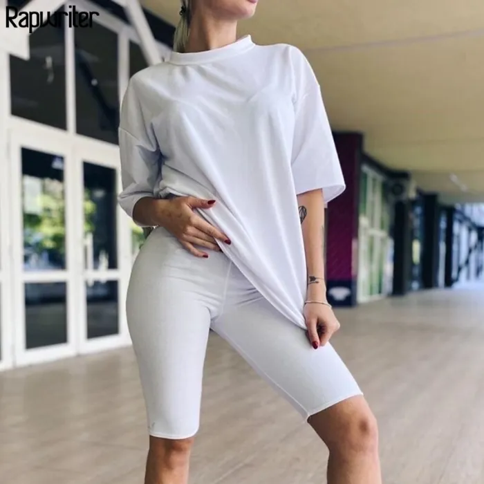 Rapwriter Solid Summer Oversized Tshirt And Shorts Two Piece Set Women Slim Shorts Long Tee Shirt Outfits Femme Biker Track Suit
