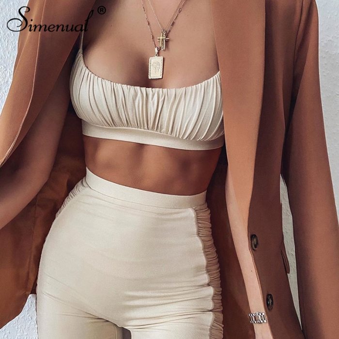 Simenual Ruched Workout Active Wear Matching Set Women Strap Casual Sporty 2 Piece Outfits Summer Camis And Biker Shorts Sets