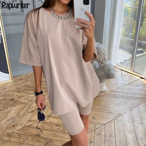 Rapwriter Solid Summer Oversized Tshirt And Shorts Two Piece Set Women Slim Shorts Long Tee Shirt Outfits Femme Biker Track Suit