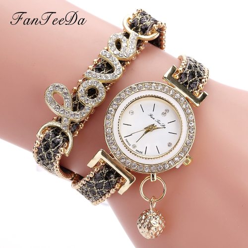 Brand Women Bracelet Watches Ladies Love Leather Strap Rhinestone Quartz Wrist Watch Luxury Fashion Quartz Watch