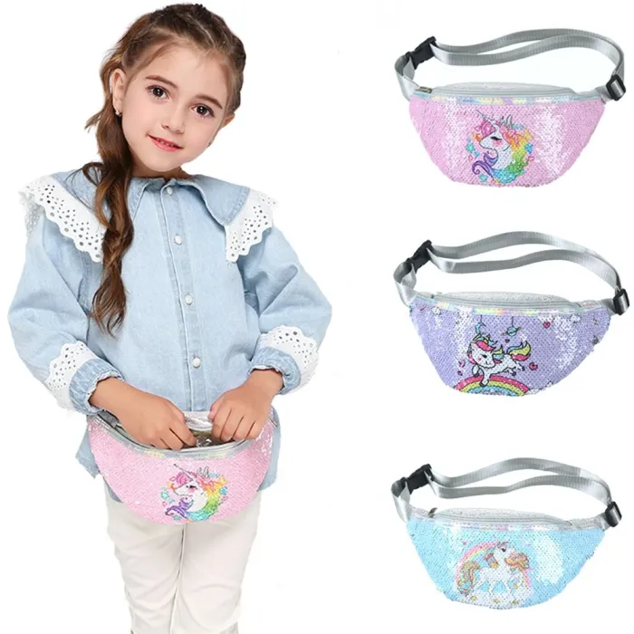 Sequins Printing  Unicorn Sequin Fashion Waist Bag Fanny Pack Children Cartoon Chest Bag Outdoor Travel Pocket Phone Pouch