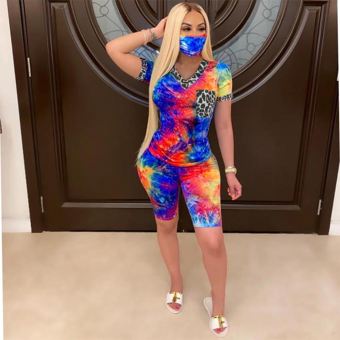 JRRY Women Tracksuit Two Pieces Set Mask Short Sleeve V Neck Top Short Pants 2 Pieces Set Outfits Skinny Elastic Outdoor Wear