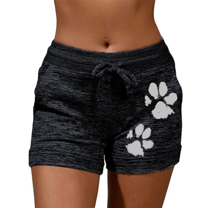 New Summer Fast Drying Drawstring cat paw print shorts Lace Up High Waist Elastic Cotton Short Women Beach Casual Sport Shorts