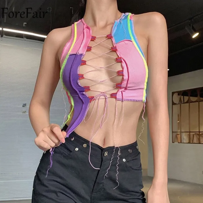 Forefair 2020 Summer Patchwork Sleeveless Crop Top Bandage Sexy Women Hollow Out Party Cami Colorful Tank Tops