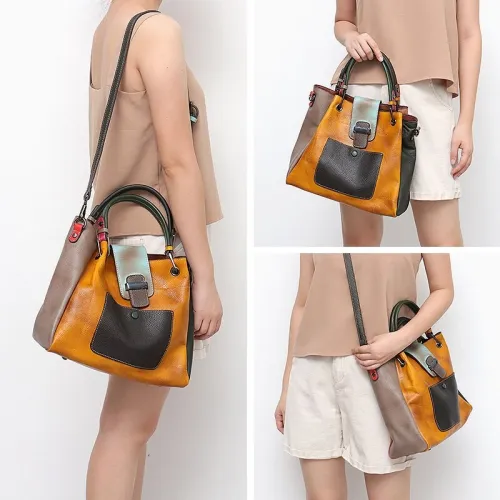 Retro Color Leather Patchwork Shoulder Bag Ladies Italian Leather Hobo Women Vintage Tote Female Crossbody&Messenger HandBag