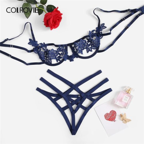 COLROVIE Blue Harness Appliques Underwire Sexy Women Intimates 2019 Black Thongs V-String Transparent Female Underwear Bra Set