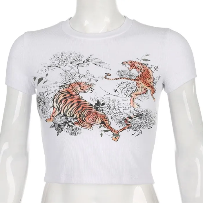 ALLNeon Harajuku Ribbed Tight Printing Crop Tops O-neck Short Sleeve Skinny White T-shirts Vintage Y2K Summer Tops Streetwear