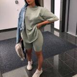 Sweetown Casual Workout Women Two Pieces Sets Short Sleeve Sporty Active Wear Fashion Outfit Summer Top And Biker Shorts Set