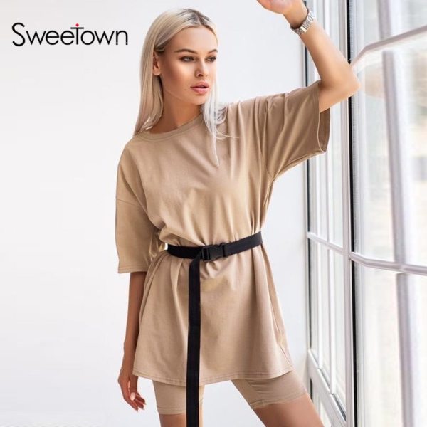 Sweetown Casual Workout Women Two Pieces Sets Short Sleeve Sporty Active Wear Fashion Outfit Summer Top And Biker Shorts Set