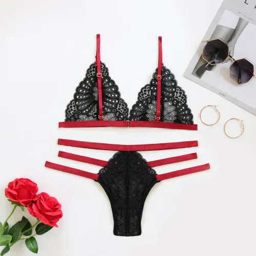 LOPNT New Sexy lingerie Women's lace Seamless bra set transparent bra black red bra and panty set Female Floral see through bra