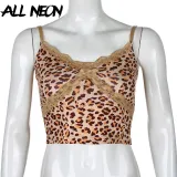ALLNeon Y2K E-girl Leopard Criss-cross Lace Front Camis Tops Punk Style Fashion Summer Backless Crop Top Streetwear Party Wear