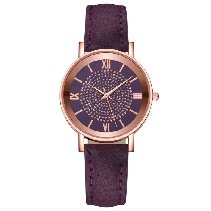 Dial Watches for Women Fashion Roman Scale Rhinestone Leather Ladies Quartz Watch Female Wrist Watch