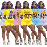 Fitness Biker Shorts Set Lounge Set Tracksuit Women Summer Clothes Two Piece Set Cartoon Print Crop Top Jogging Femme 2020
