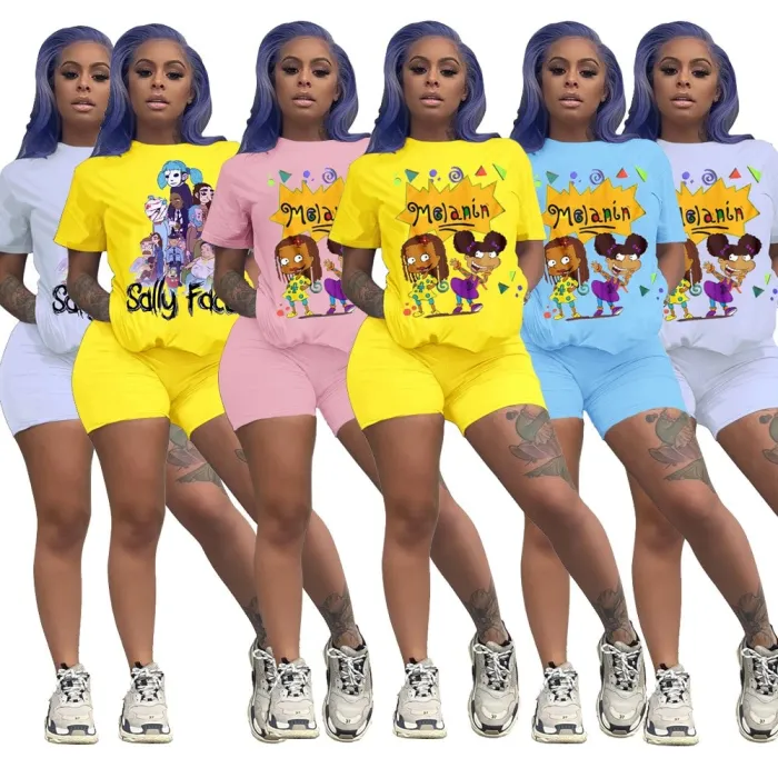 Fitness Biker Shorts Set Lounge Set Tracksuit Women Summer Clothes Two Piece Set Cartoon Print Crop Top Jogging Femme 2020