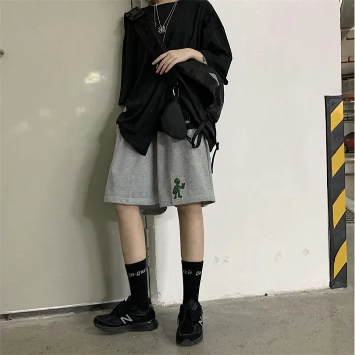 Korean Style Aliens Harajuku Casual Loose Straight Jogger Bike Shorts Female High Waist Summer Sports Running Vintage Hotpants
