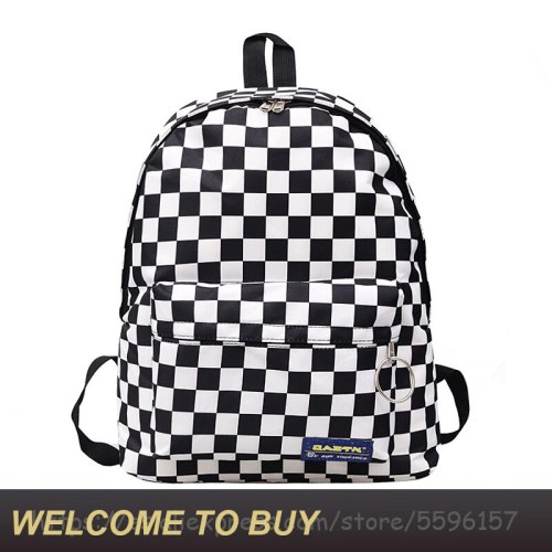 2020 New Unisex Black White Plaid Nylon Female Travel Daypack Laptop Backpack Girls Book Schoolbag Casual Rucksack Women Bags