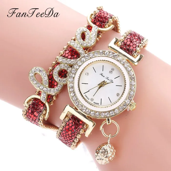 Brand Women Bracelet Watches Ladies Love Leather Strap Rhinestone Quartz Wrist Watch Luxury Fashion Quartz Watch