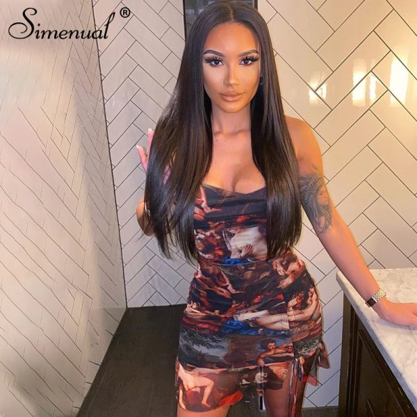 Simenual Aesthetic Print Sexy Women Party Dresses Fashion Sleeveless Strap Drawstring Ruched Clubwear Mini Dress Bodycon Summer