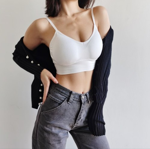 Women V Neck Rib Seamless Bra with Cross Back Crop Top
