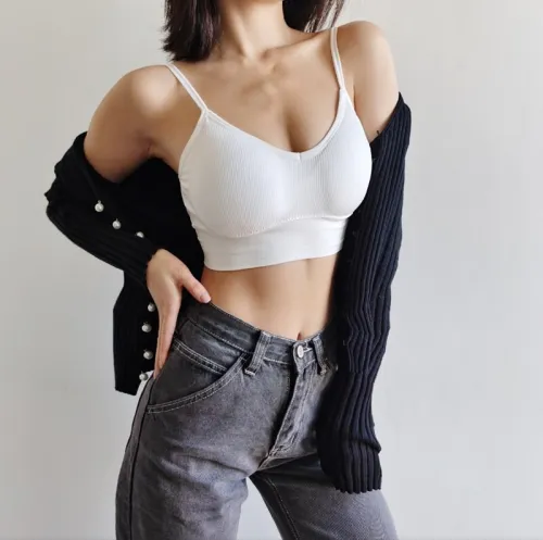 Women V Neck Rib Seamless Bra with Cross Back Crop Top