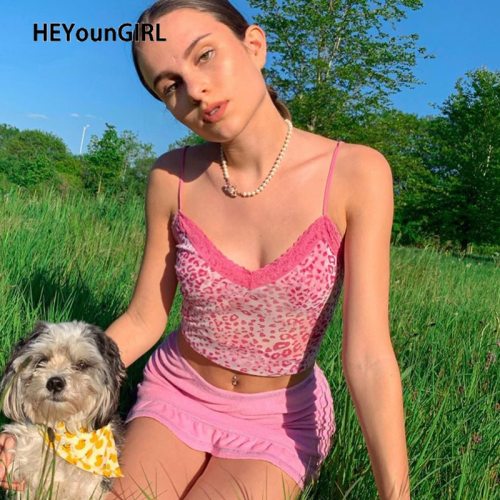 HEYounGIRL Pink Leopard Print Sexy Spaghetti Strap Top Women Summer Y2k Backless Lace Cami Tops Ladies Sweat 90s Crop Tees 2020