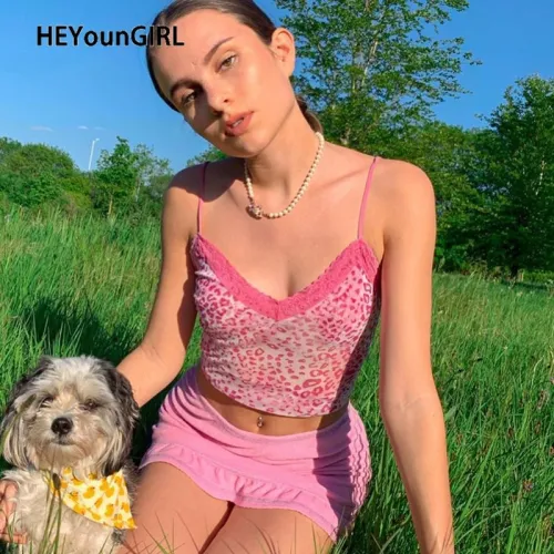 HEYounGIRL Pink Leopard Print Sexy Spaghetti Strap Top Women Summer Y2k Backless Lace Cami Tops Ladies Sweat 90s Crop Tees 2020