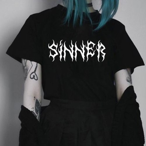 Gothic top Sinner Letter Printed Harajuku Hipster Punk Style Unisex T-Shirt Street Style Loose Casual Cool Grunge Women Tee