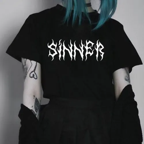 Gothic top Sinner Letter Printed Harajuku Hipster Punk Style Unisex T-Shirt Street Style Loose Casual Cool Grunge Women Tee