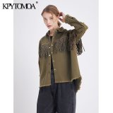 Vintage Stylish Fringe Beaded Loose Denim Jacket Coat Women 2020 Fashion Long Sleeve Frayed Trim Ladies Outerwear