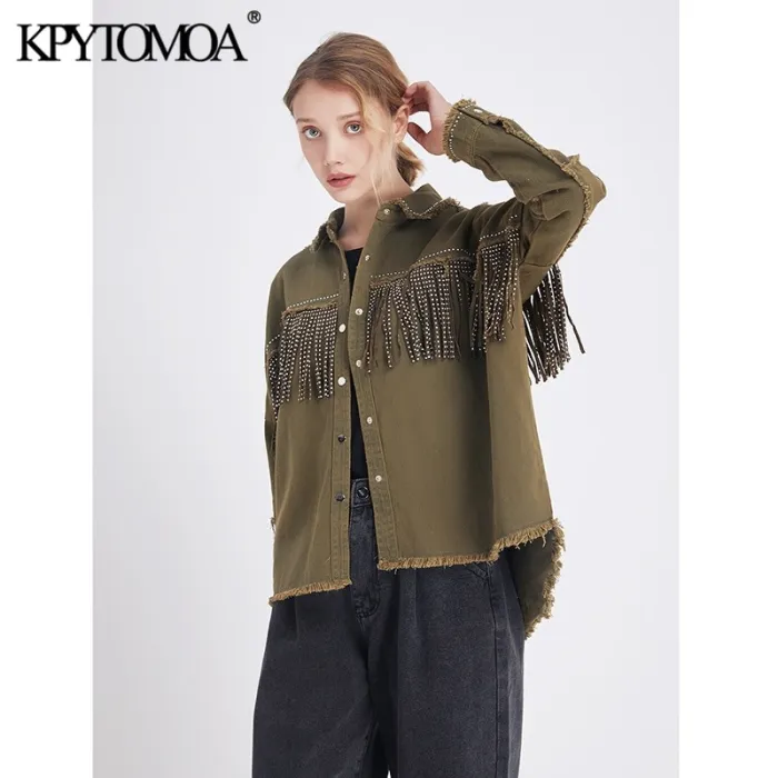 Vintage Stylish Fringe Beaded Loose Denim Jacket Coat Women 2020 Fashion Long Sleeve Frayed Trim Ladies Outerwear