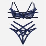 COLROVIE Blue Harness Appliques Underwire Sexy Women Intimates 2019 Black Thongs V-String Transparent Female Underwear Bra Set