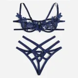 COLROVIE Blue Harness Appliques Underwire Sexy Women Intimates 2019 Black Thongs V-String Transparent Female Underwear Bra Set