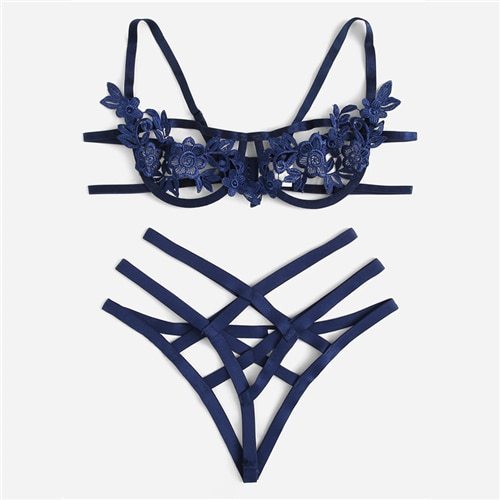 COLROVIE Blue Harness Appliques Underwire Sexy Women Intimates 2019 Black Thongs V-String Transparent Female Underwear Bra Set