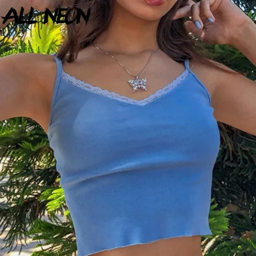 ALLNeon E-Girl Style Spaghetti Strap V-neck with Lace Cropped Tops Y2K Summer Fashion Ribbed Solid Backless Blue Cami Streetwear