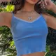 ALLNeon E-Girl Style Spaghetti Strap V-neck with Lace Cropped Tops Y2K Summer Fashion Ribbed Solid Backless Blue Cami Streetwear