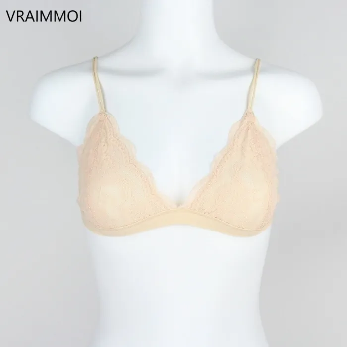 VRAIMMOI Sexy Lace Thin Triangle Bra For Women Lingerie Wireless Underwear Transparent Push Up bras Solid White/Black Bralette
